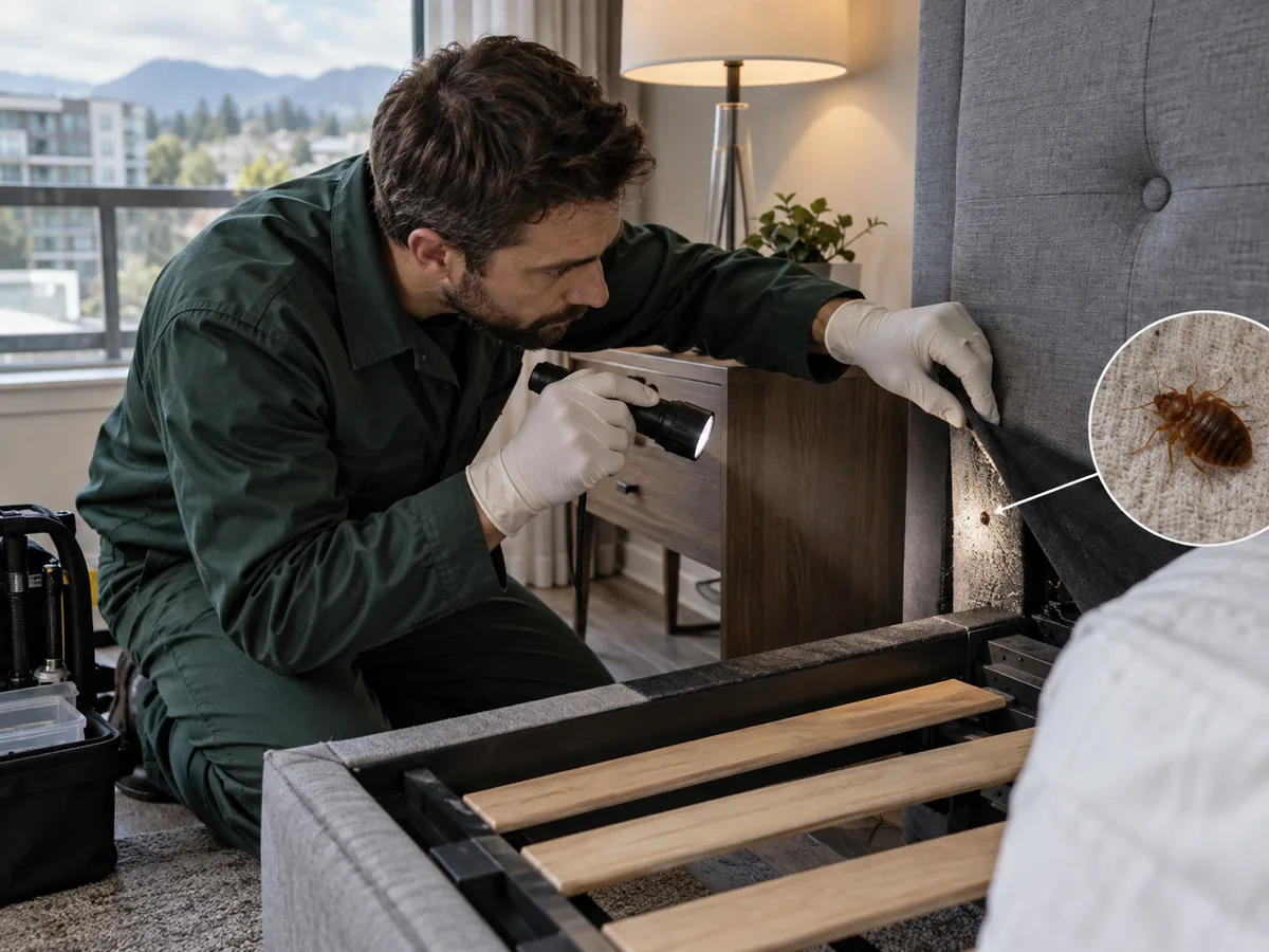 Pest control technician inspection for Bed Bug Treatment Abbotsford