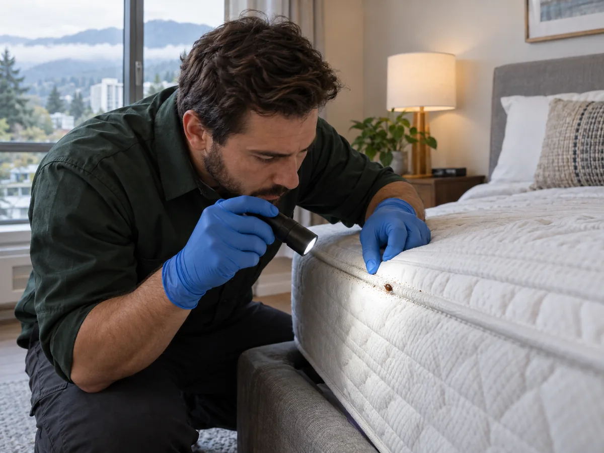 Pest control technician inspection for Bed Bug Treatment Coquitlam