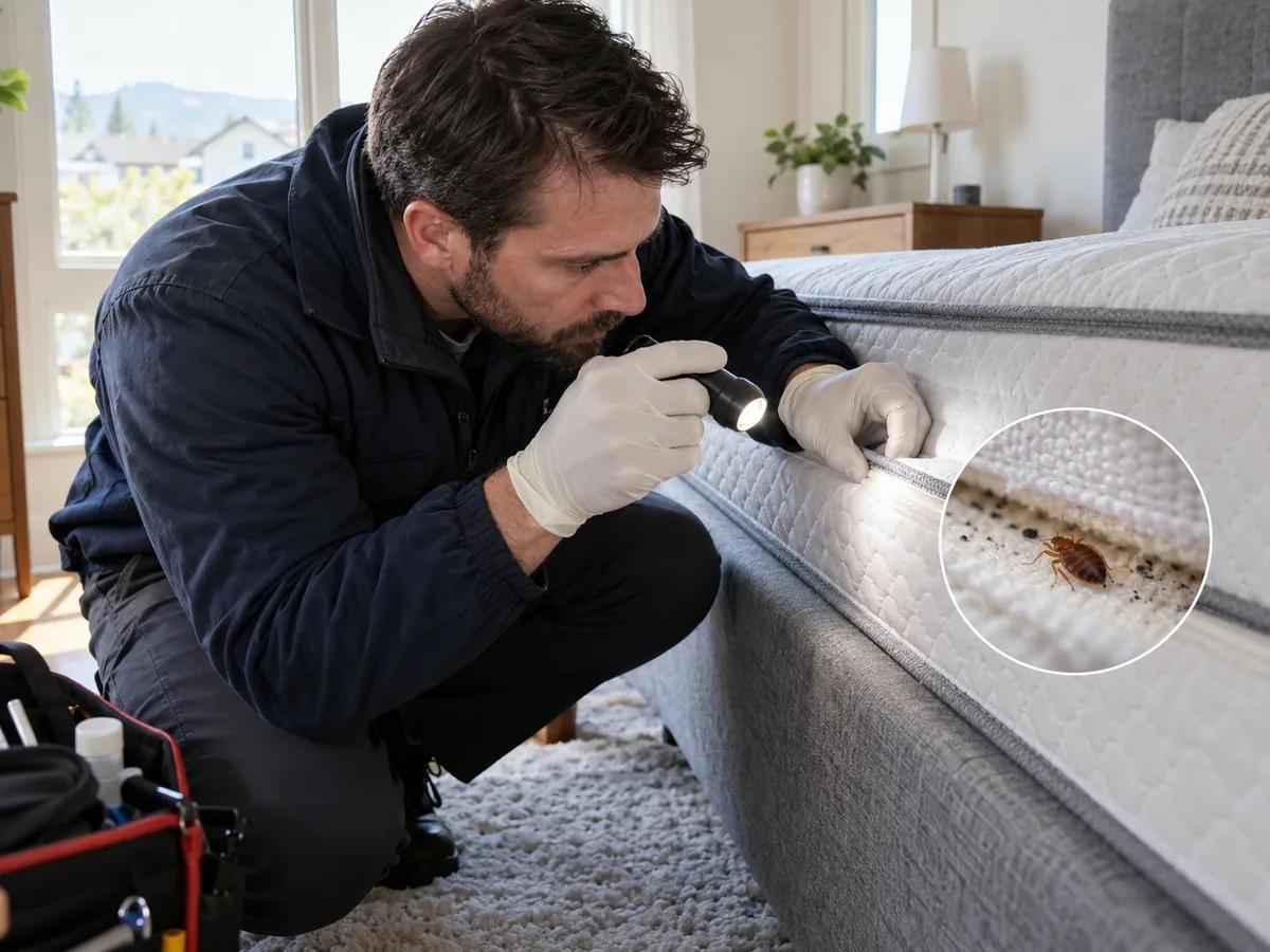 Pest control technician inspection for Bed Bug Treatment Langley