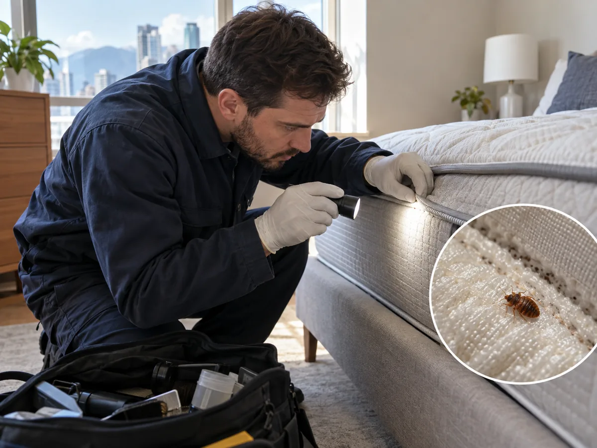 Pest control technician inspection for Bed Bug Treatment Vancouver