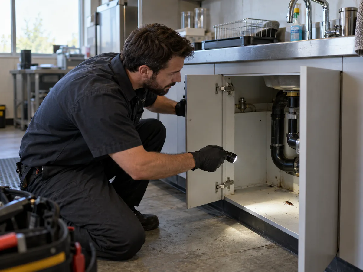 Pest control technician inspection for Cockroach Control Burnaby