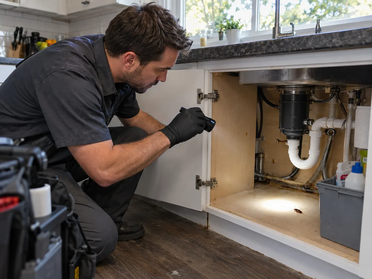 Pest control technician inspection for Cockroach Exterminator Treatment Services Surrey