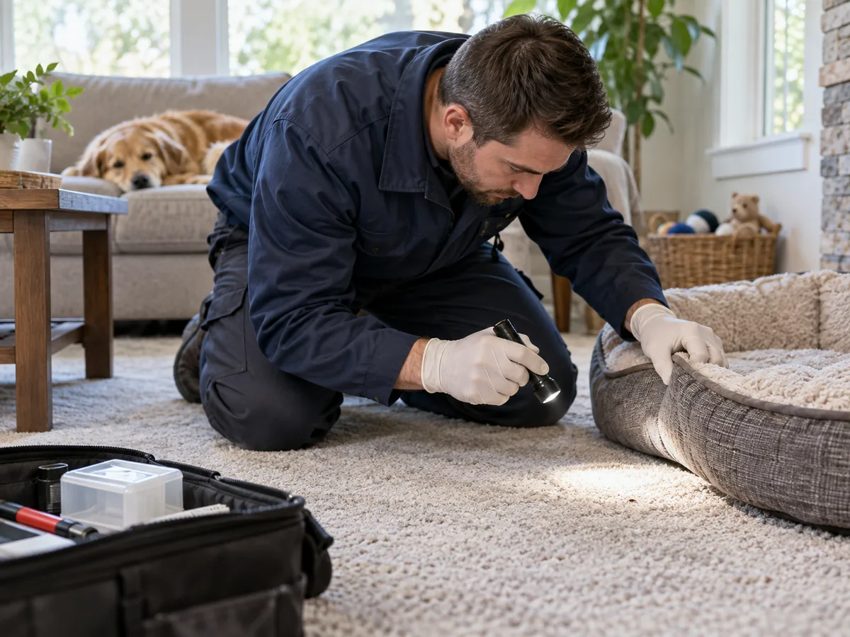 Pest control technician inspection for Flea Treatment After Pet Infestation Surrey