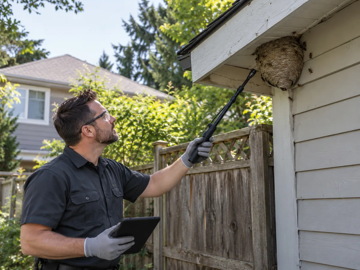 Pest control technician inspection for Same-Day Hornet Nest Removal Services Burnaby