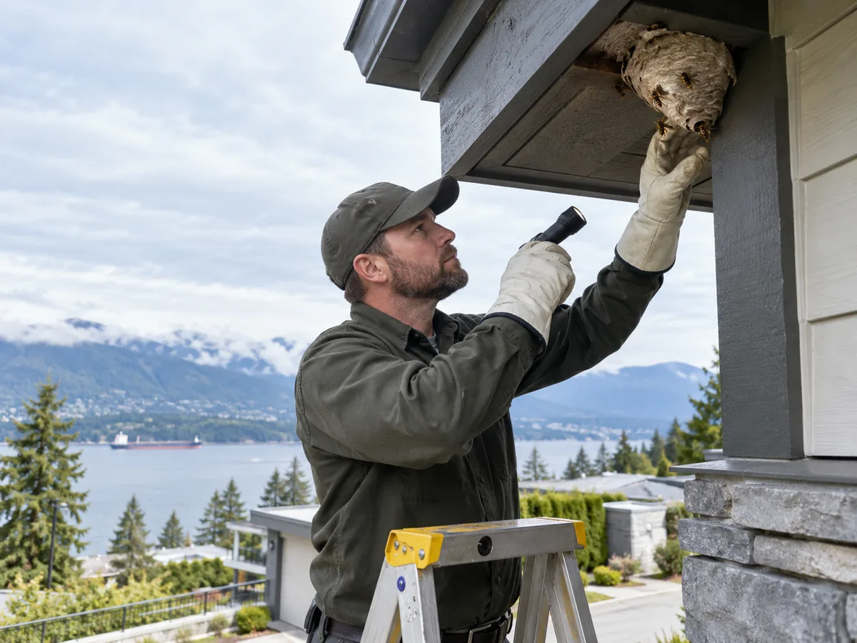 Pest control technician inspection for Wasp Nest Removal Services West Vancouver